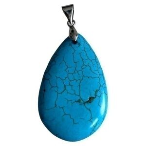 Blue Turquoise Teardrop Pendant Necklace Silver Tone Boho Southwestern